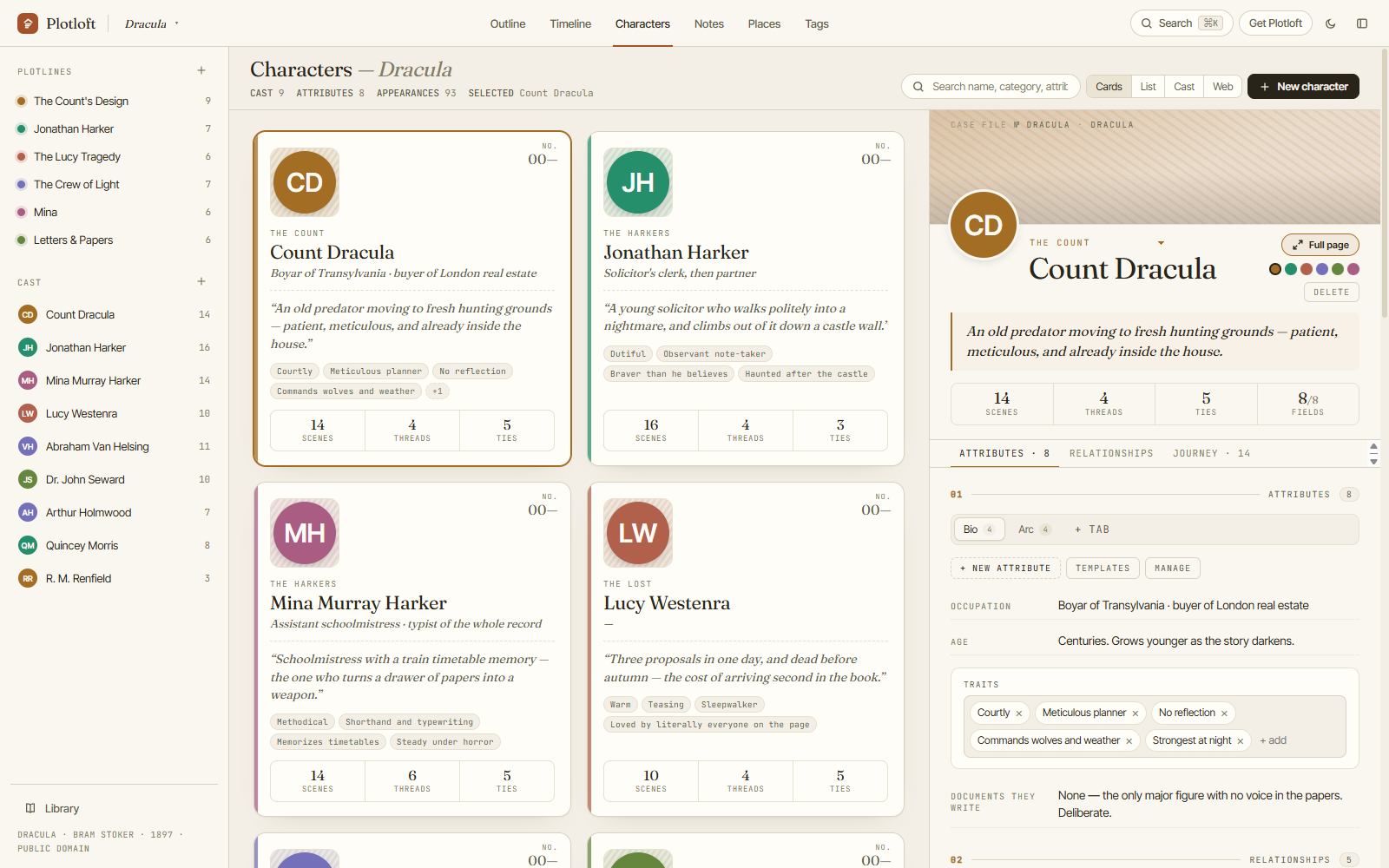 The characters view: profile cards with taglines, categories, and a relationship web.