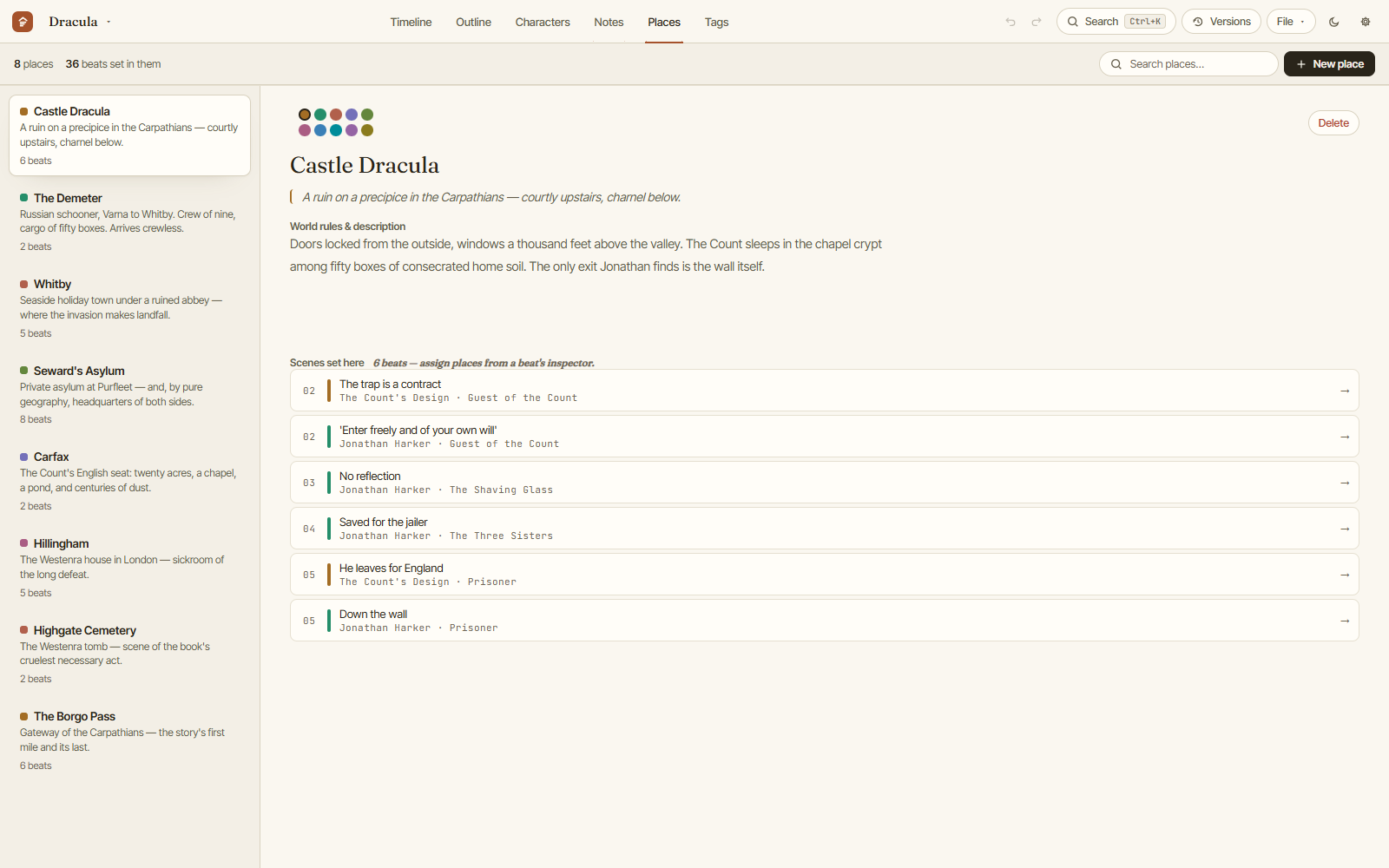 The places index: Castle Dracula's dossier and every beat set there.